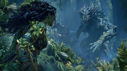 Obraz premium Epic battle of a female warrior in plant-patterned armor vs. Forest monster enchanted jungle digital art dramatic viewpoint