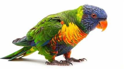 Obraz premium A colorful parrot with its beak open as if mid-squawk, showcasing its vibrant feathers and beady eyes on a white background.