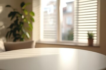 A softly lit room featuring a table, plants, and a window with blinds.