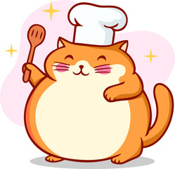 Funny Fat Cat Wearing Chef Uniform Cartoon Illustration