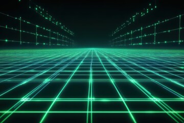 A futuristic grid landscape with glowing lines and a dark background.