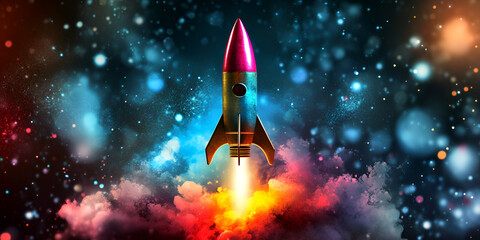 Vibrant Rocket Launch with Colorful Smoke and Sparkling Background