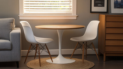 Fototapeta premium Modern dining area with stylish chairs and a round table near a sunny window