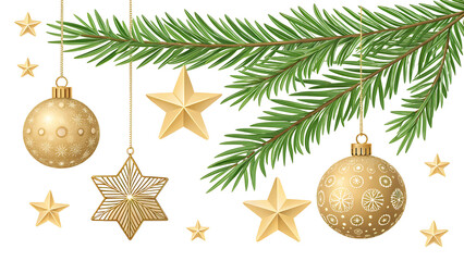 Christmas Tree Balls, Stars, and Green Fir Branches on a Transparent Background
