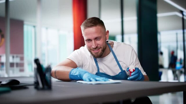 Janitor Cleaning White Desk