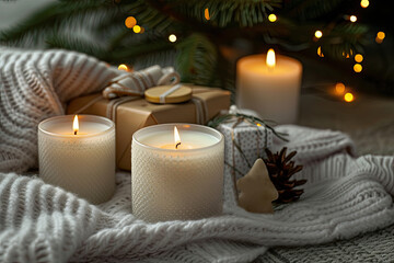 Lighted candles to create warm, cosy atmosphere near Christmas tree, cosy evening atmosphere, Christmas tree with presents 
