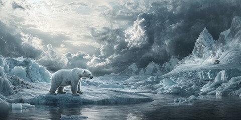 Naklejka premium Arctic Polar Bear on Melting Ice Floe Dramatic Cloudscape Climate Change