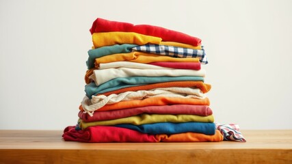 A neatly folded stack of colorful clothing on a wooden surface, showcasing various fabrics and textures.