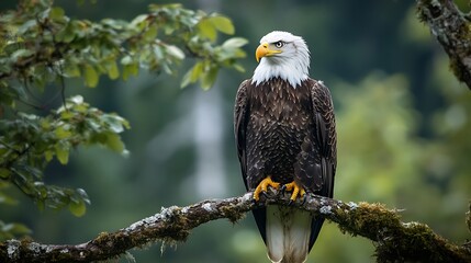 Majestic bald eagle perched on a moss-covered branch in a lush forest, looking to the right.