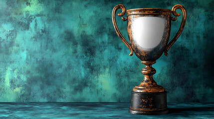 Antique bronze trophy with blank plaque against a teal background.