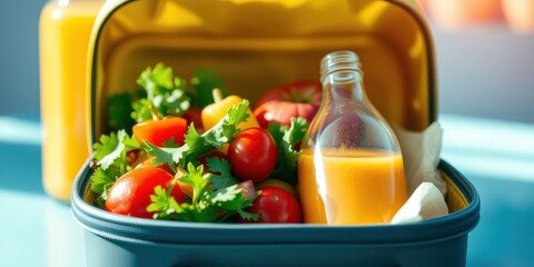 A healthy lunch packed with fresh vegetables, a bottle of orange juice, and a vibrant yellow lunchbox.