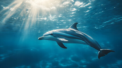 Naklejka premium Stunning Underwater Illustration of a Dolphin in Sunbeams