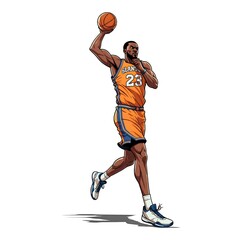 Naklejka premium basketball player with ball, jumping, side view angle against white background