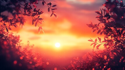 Fototapeta premium A luminous sunset gradient fading from fiery red-orange into gentle peach, layered with fine digital noise and soft glowing details, creating a warm and nostalgic feel, ultra hd quality. --ar 16:9