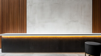 Modern reception area featuring minimalist design and ambient lighting during daylight