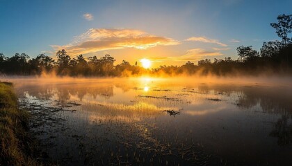 Obraz premium Serene sunrise over a misty lake, reflecting vibrant colors.