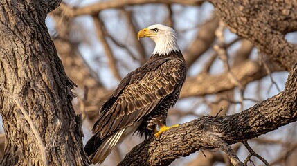 Majestic bald eagle perched on a tree branch, looking to the right.
