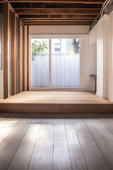 Fototapeta premium Modern interior space with wooden flooring and natural light in a minimalist design