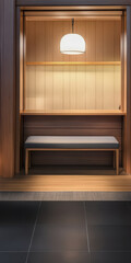 Fototapeta premium Minimalist interior design of a cozy wooden seating area with warm lighting
