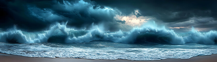 Fototapeta premium Dramatic Ocean Wave Illustration Dark Stormy Clouds Seascape Background