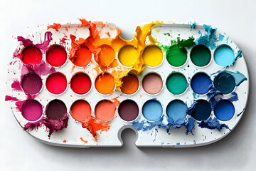 Colorful paint palette with vibrant colors splattered and smeared.