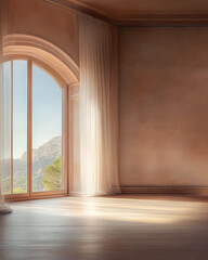 Fototapeta premium Natural light floods an empty room with scenic mountain views through large windows