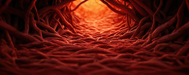 A close-up view of intricate roots illuminated by a warm orange light.
