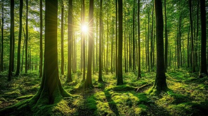 Sunlight filters through a lush green forest, creating a serene atmosphere.