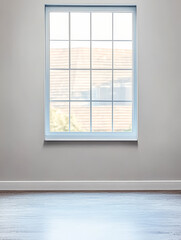 Bright indoor space with a large window showcasing an outside view of rooftops