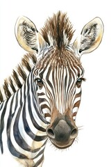 Fototapeta premium A close-up portrait of a zebra depicting its striking black and white stripes against a plain background showcasing nature's elegance. Generative AI
