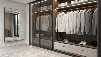 A sophisticated wardrobe with an integrated mirror front reflecting its interior. Within an array of soft monochromatic hoodies are folded carefully on a shelf creating a serene