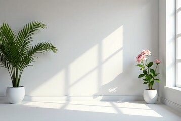 Abstract White Studio, Product Presentation, Summer Concert, Empty Room, Flowers, Palm Leaves, Shadows, 3D, Copy Space, Banner, Blurred Background, High Quality
