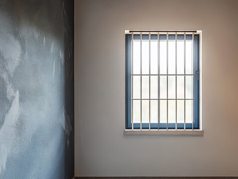Modern prison cell interior with barred window and gray walls in an empty room