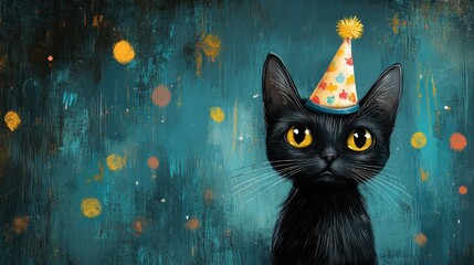 Adorable black cat wearing a party hat, against a teal textured background. Perfect for birthday cards, pet-themed projects, or any celebration design.