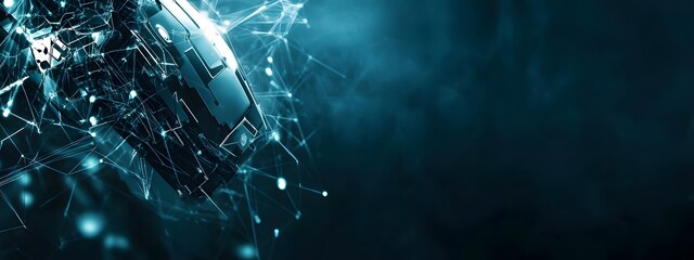 Dark blue background with white futuristic technology and digital connection lines, banner design for website header,
