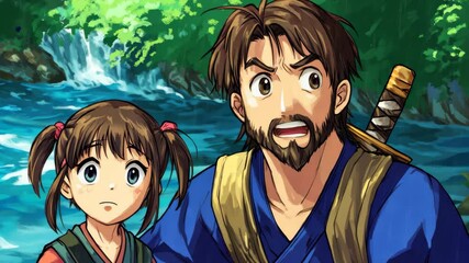 Man and girl in traditional clothing by river discussing an adventure in a serene natural setting