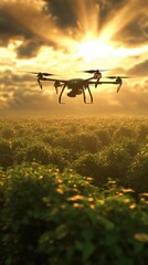 A drone flying over a lush landscape at sunset.
