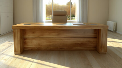 Large wooden desk in a bright office with a leather chair.