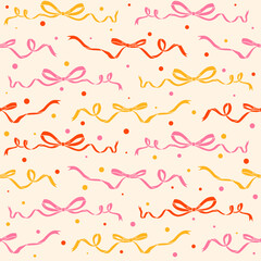 Ribbon bow seamless pattern with cute trendy knots. Vector vintage girly background for holidays and party decoration. Flirtatious pink satin hair accessories with confetti