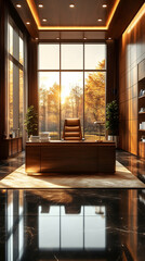 Luxurious modern office with large windows overlooking autumnal landscape.