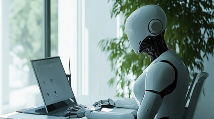 A humanoid AI assistant working alongside humans, blending futuristic aesthetics and humanity,