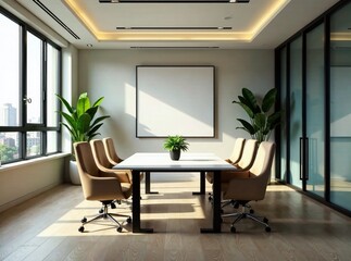 Fototapeta premium Beige Meeting Room, Professional, Modern, AI Photo, Office Space, Depth of Field