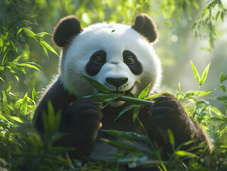 Obraz premium Adorable Panda Eating Bamboo Illustration: A 3D Rendered Image of a Giant Panda Enjoying a Fresh Bamboo Shoot in a Lush Green Forest