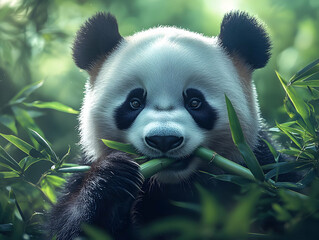 Fototapeta premium Adorable Panda Cub Eating Bamboo Illustration