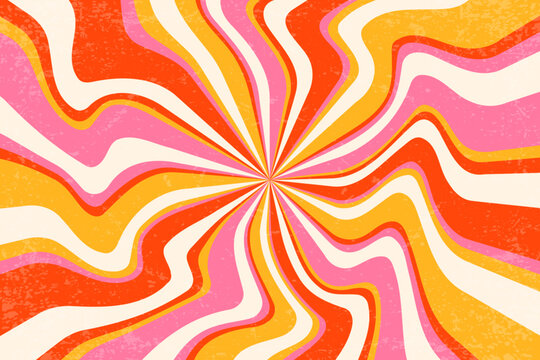 Retro groovy spiral background. Vector swirl sunburst pattern with grainy texture. Wavy radial sunrays bg. Strawberry pink and orange psychedelic stripes. 70s funky vortex disco style illustration
