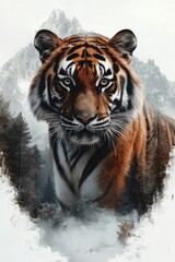 Obraz premium A majestic tiger emerges from misty mountains, showcasing its powerful presence in a serene, natural landscape during dawn. Generative AI