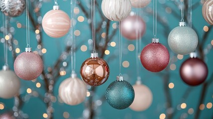 Delicate hanging ornaments with tiny bead details elegantly arranged on a festive backdrop for a charming holiday display.