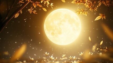 Golden moon shining through autumn leaves.