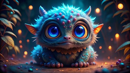 Fototapeta premium Cute Monster Blue Eyes Night Photography AI Art