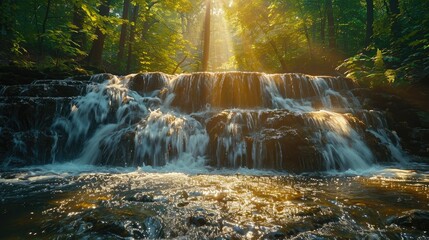 Fototapeta premium Sunlit cascading waterfall in lush green forest. (2)